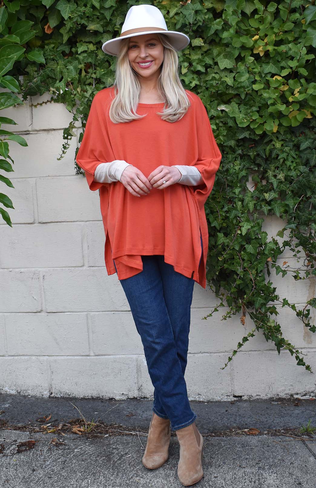 Burnt Orange Women's Merino Wool Boxy Poncho Top