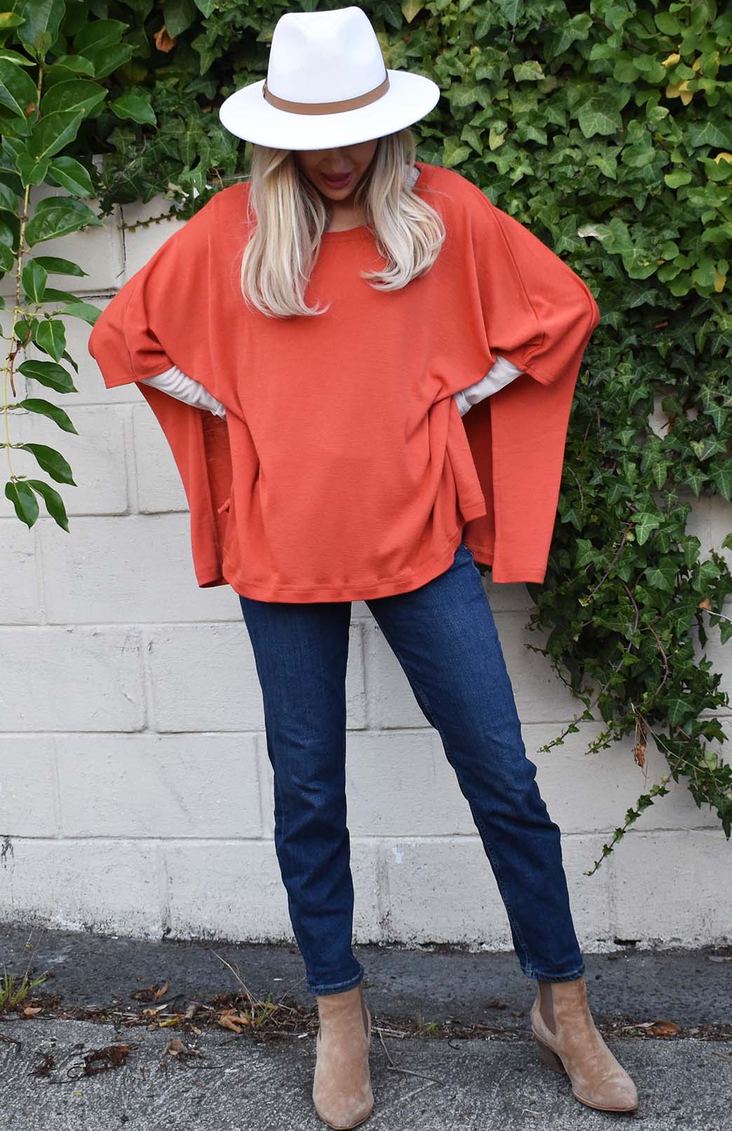 Burnt Orange Women's Merino Wool Boxy Poncho Top