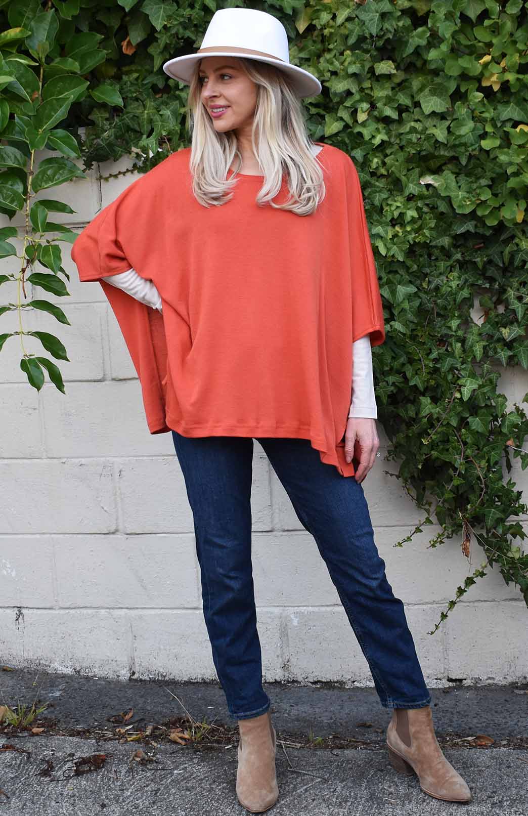 Burnt Orange Women's Merino Wool Boxy Poncho Top