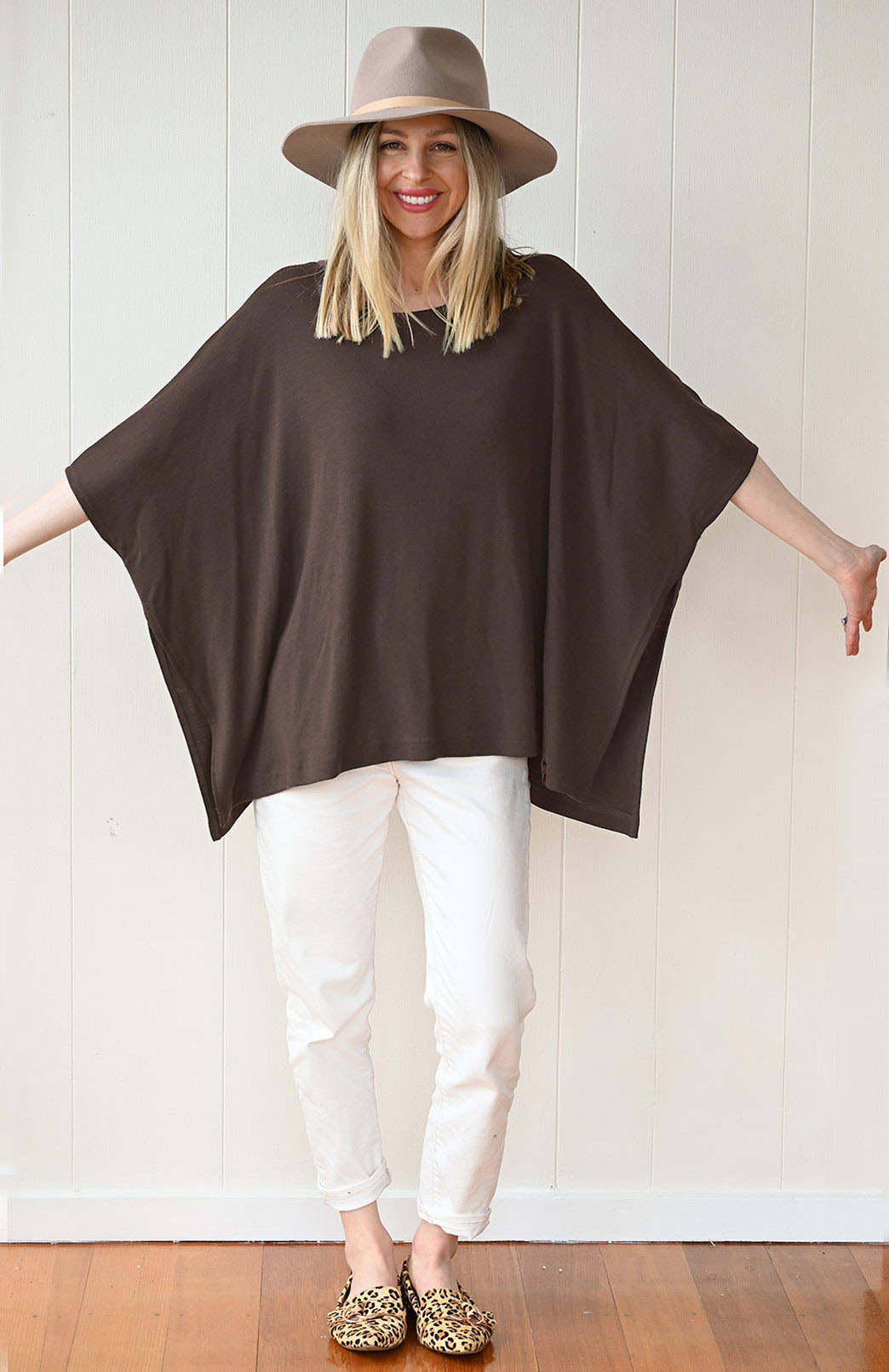 Chocolate Brown Women's Merino Wool Boxy Poncho Top