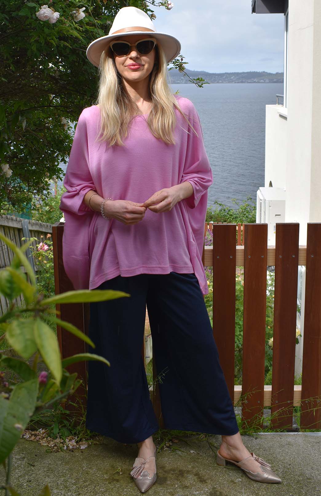 French Navy Blue Women's Merino Wool Crop Pants with Wide Leg in jersey fabric 