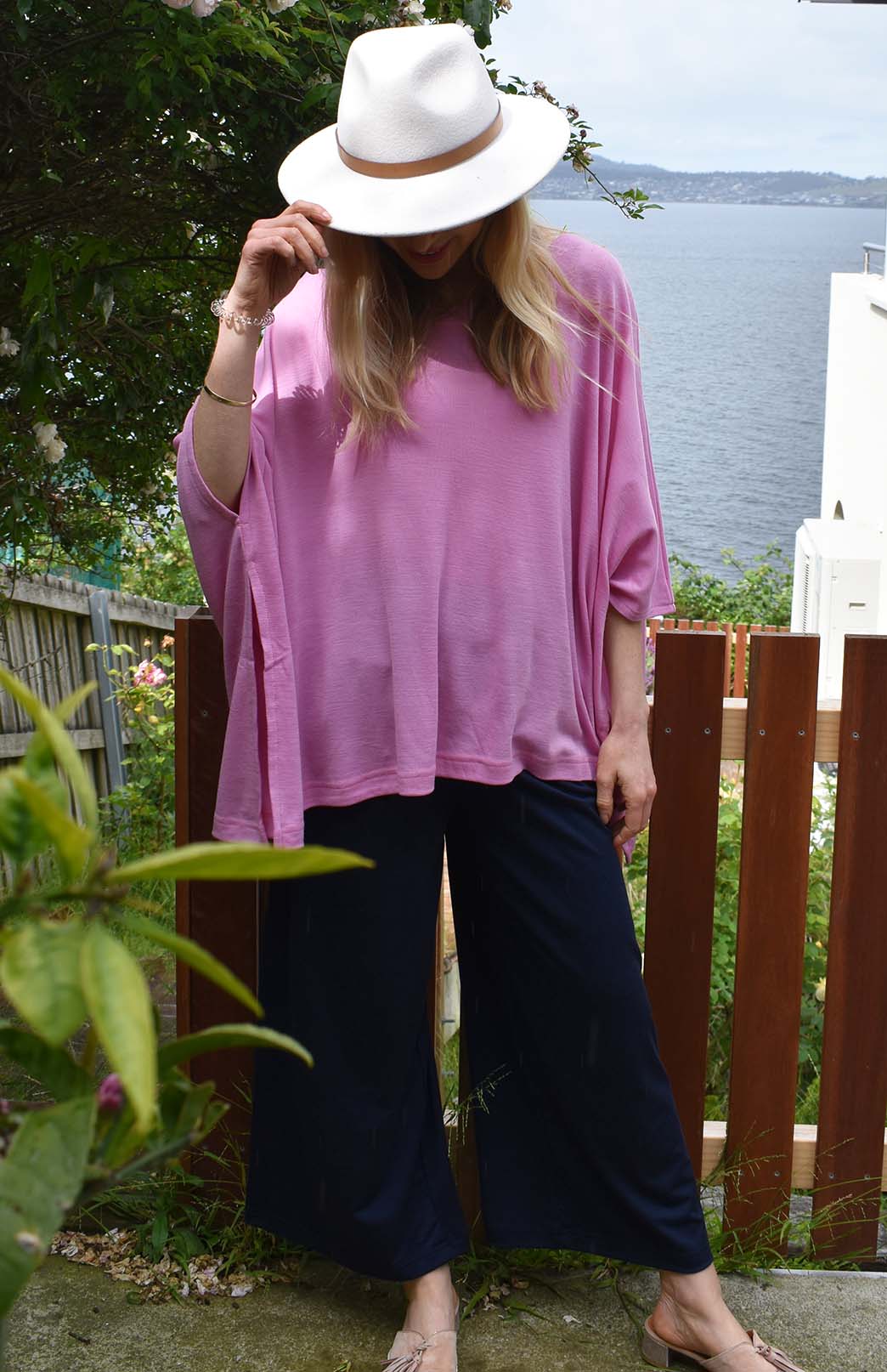 French Navy Blue Women's Merino Wool Crop Pants with Wide Leg in jersey fabric 