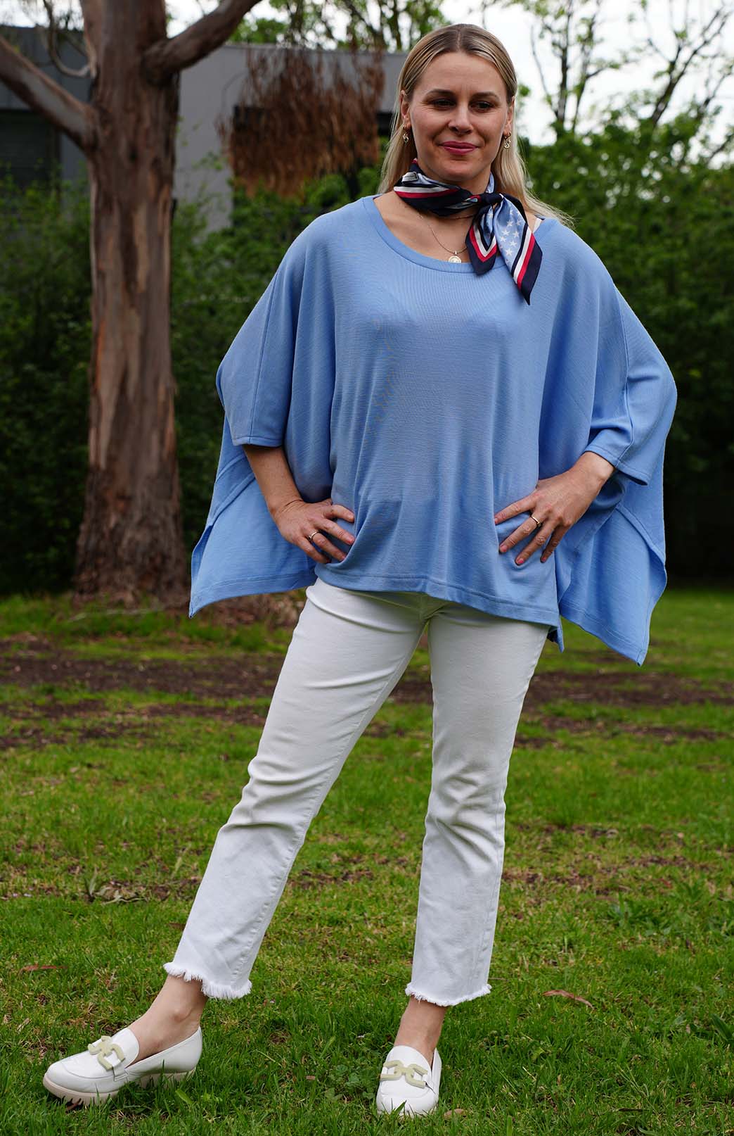 Soft Cornflower Blue Women's Merino Wool Boxy Poncho Top