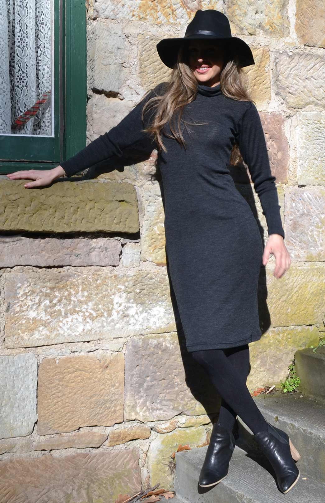 Charcoal Marl Women&#39;s Merino Wool Long Sleeve Polo Neck Dress
