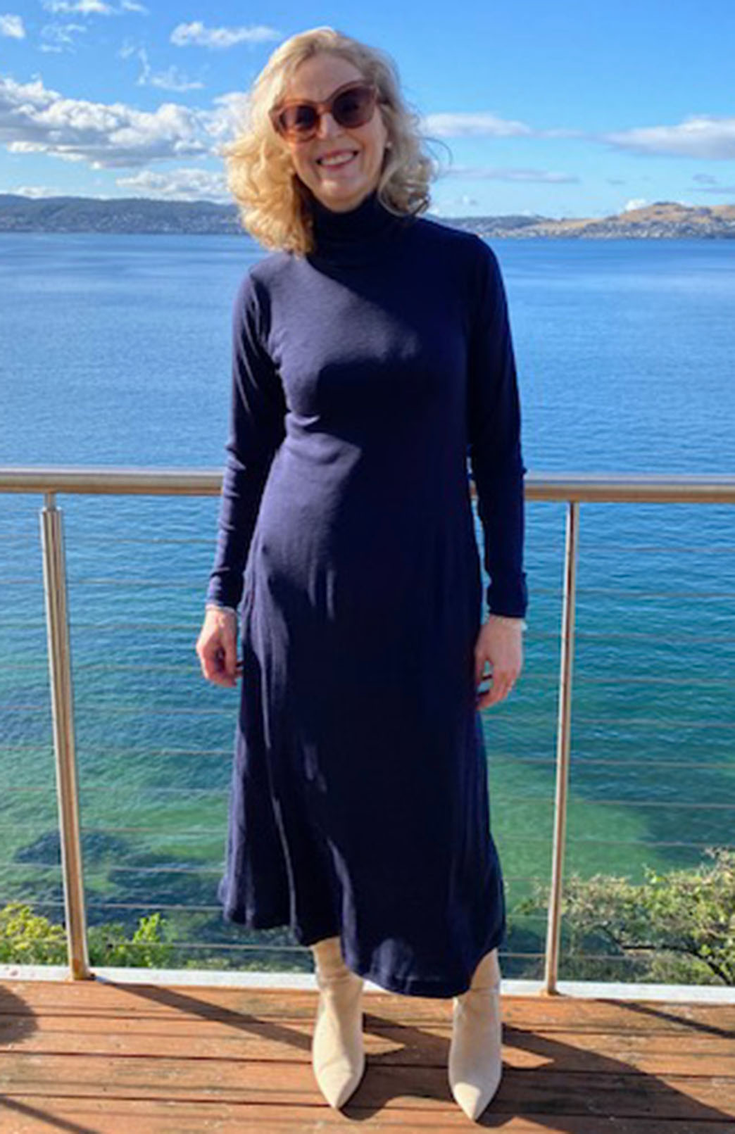 Navy Blue Women's Merino Wool Polo Neck Swing Dress