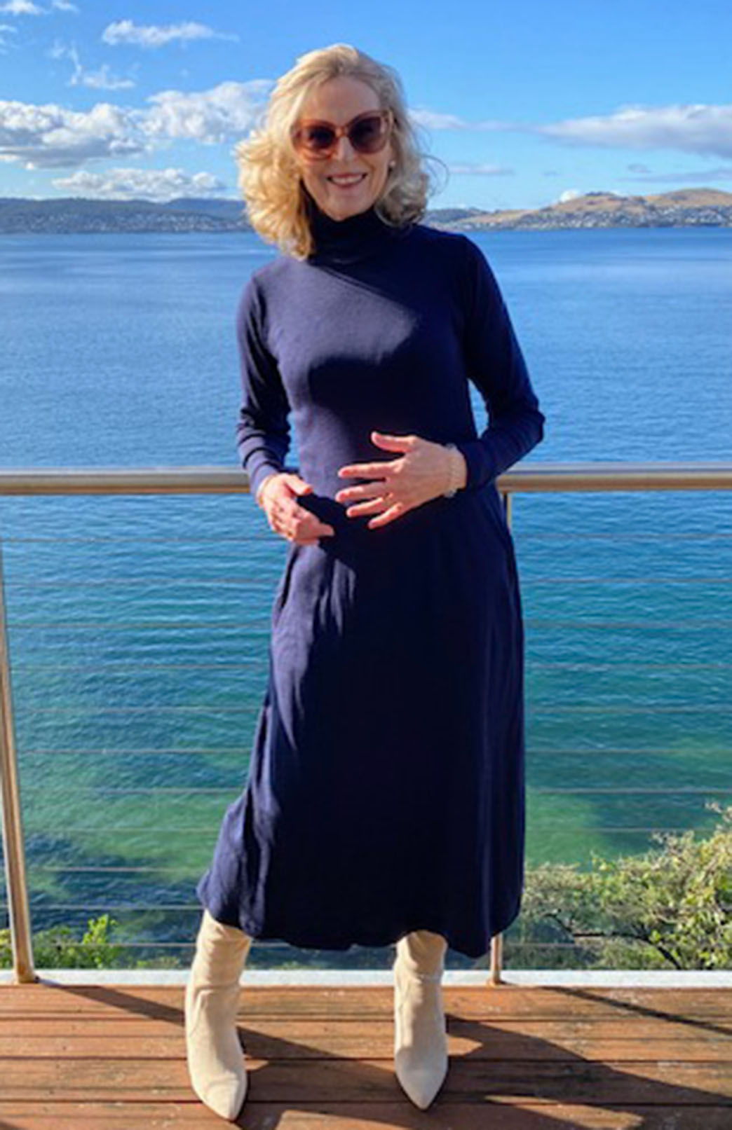 Navy Blue Women's Merino Wool Polo Neck Swing Dress