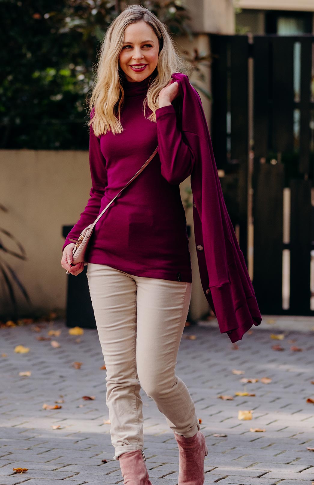 Magenta Women's Merino Wool Long Boyfriend Cardigan with Buttons