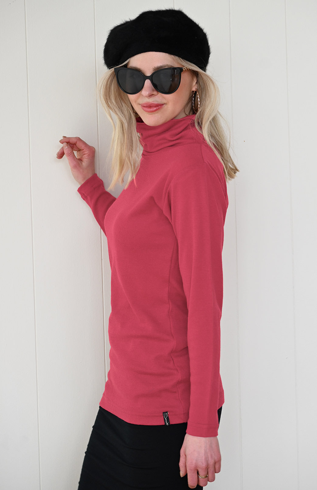 Raspberry Pink Women's Merino Wool Long Sleeve Top