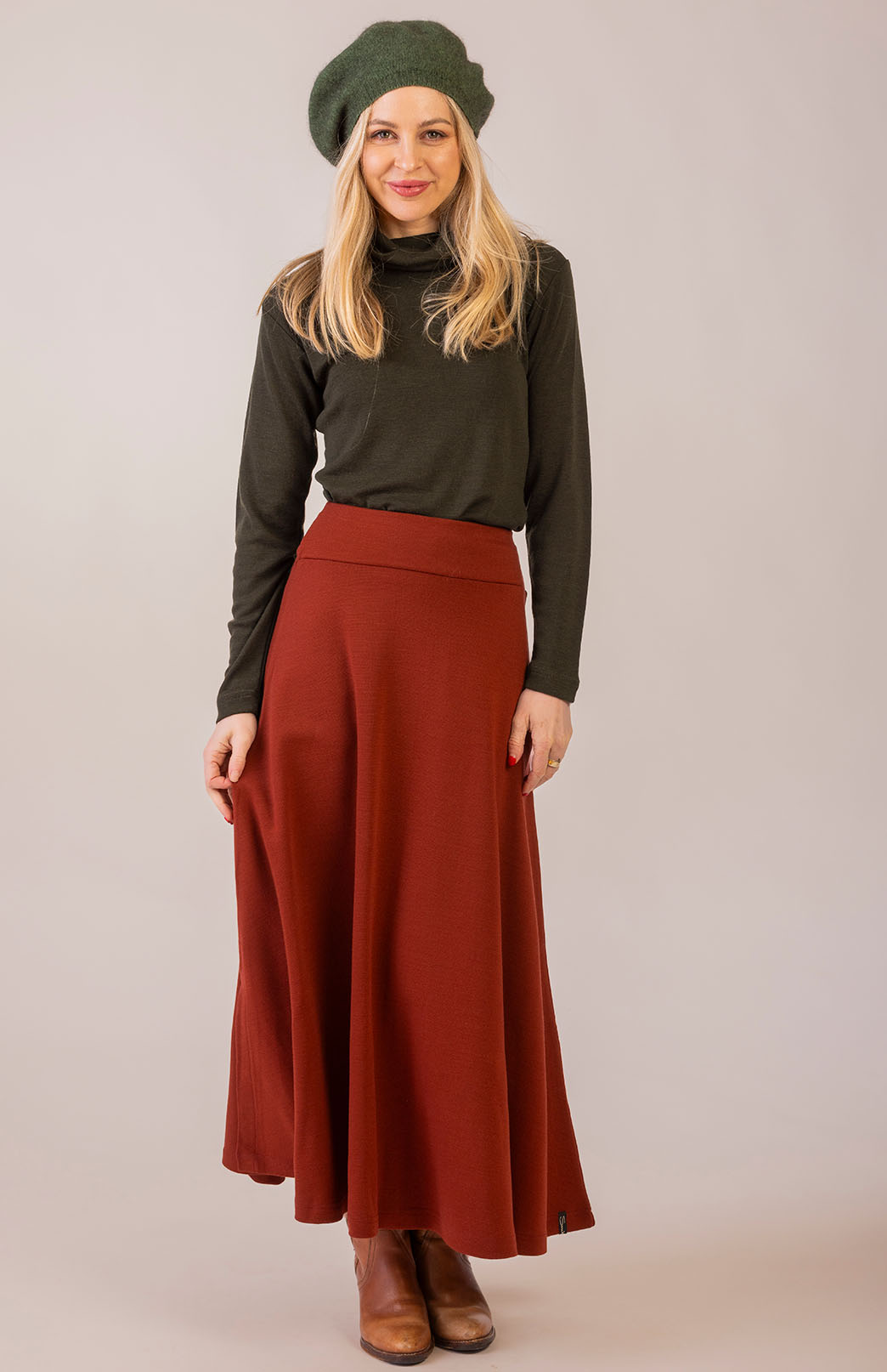 Shiraz Red Women's Merino Wool Ponte A-Line Midi Skirt