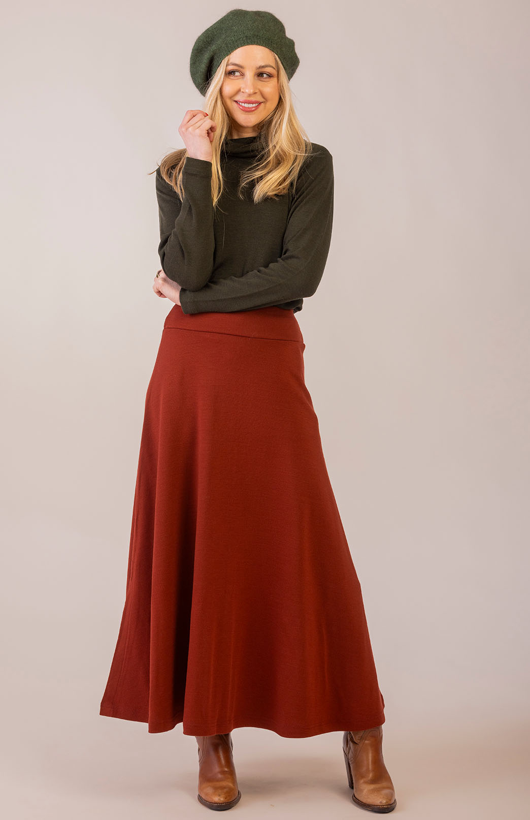 Shiraz Red Women's Merino Wool Ponte A-Line Midi Skirt
