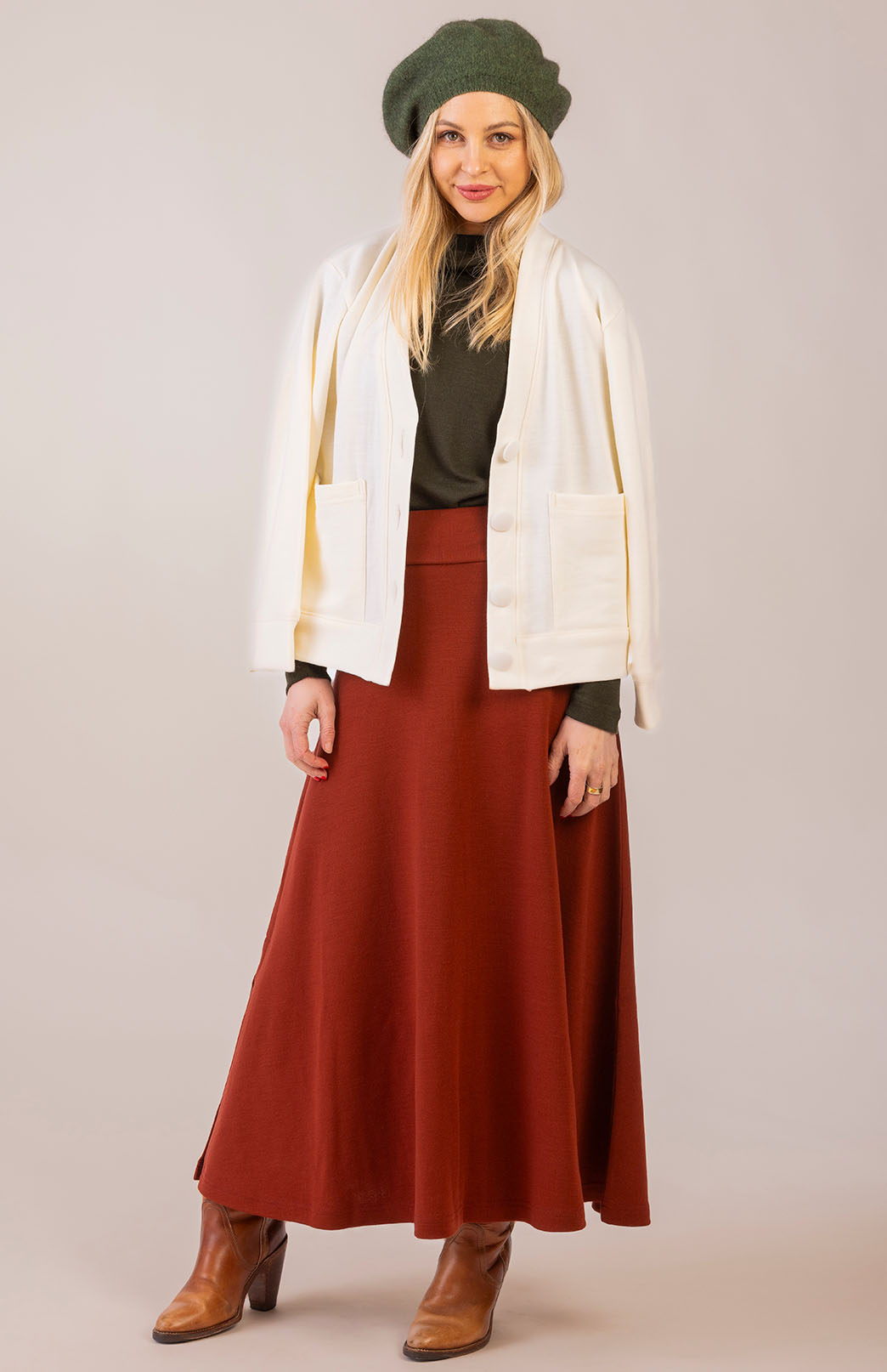 Shiraz Red Women's Merino Wool Ponte A-Line Midi Skirt