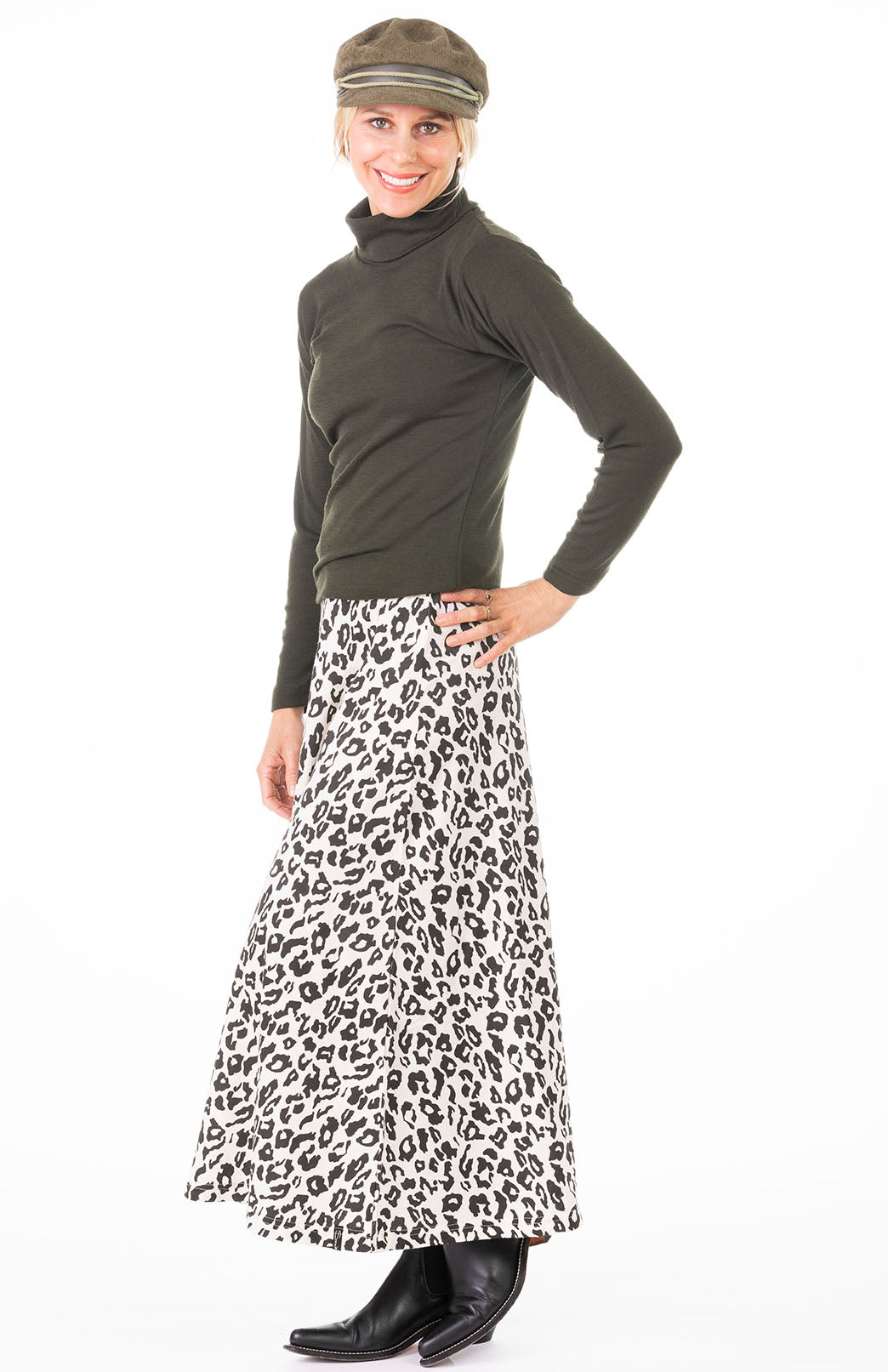 Vintage Ivory Leopard Women&#39;s Merino Wool Midweight A-Line Midi Skirt
