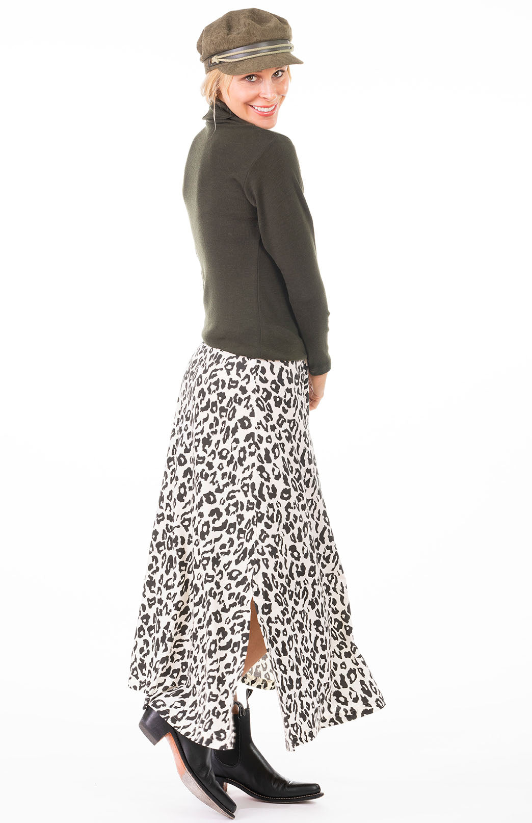 Vintage Ivory Leopard Women's Merino Wool Midweight A-Line Midi Skirt

