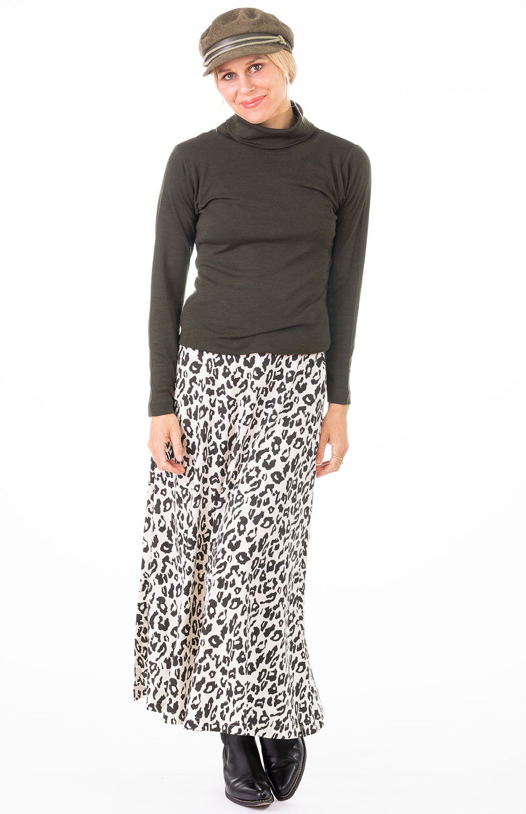 Vintage Ivory Leopard Women's Merino Wool Midweight A-Line Midi Skirt