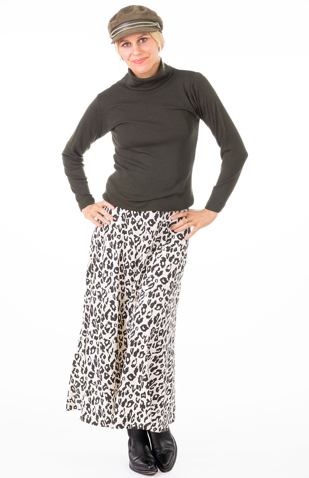 Vintage Ivory Leopard Women's Merino Wool Midweight A-Line Midi Skirt