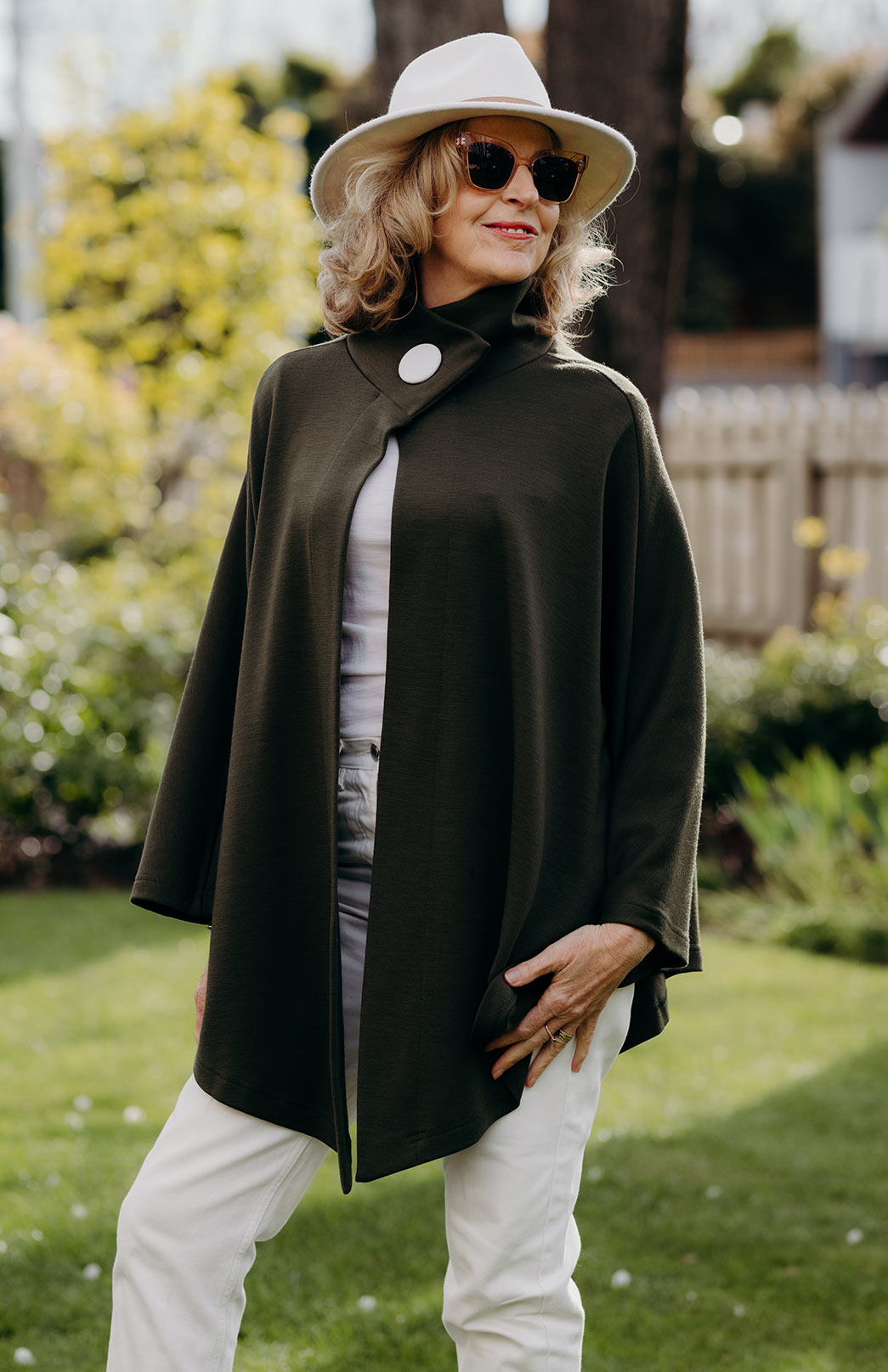 Olive Green Merino Wool Cape with Magnetic Button Neck Fastening 
