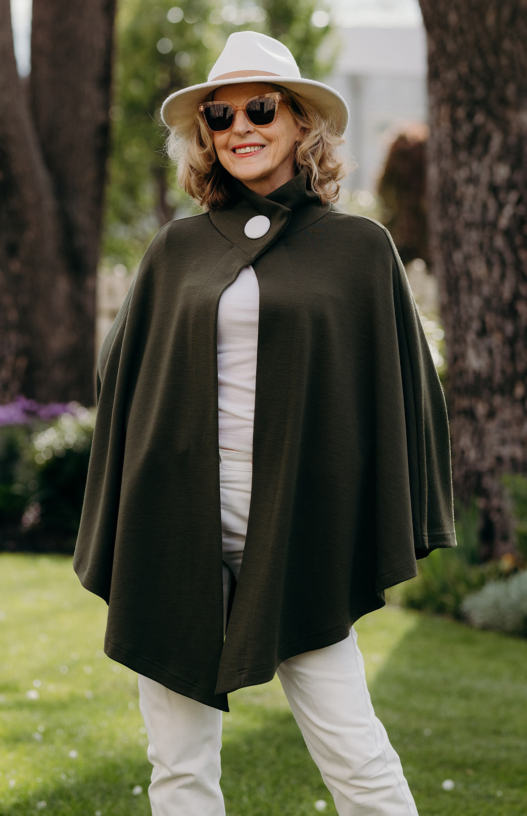 Olive Green Merino Wool Cape with Magnetic Button Neck Fastening 