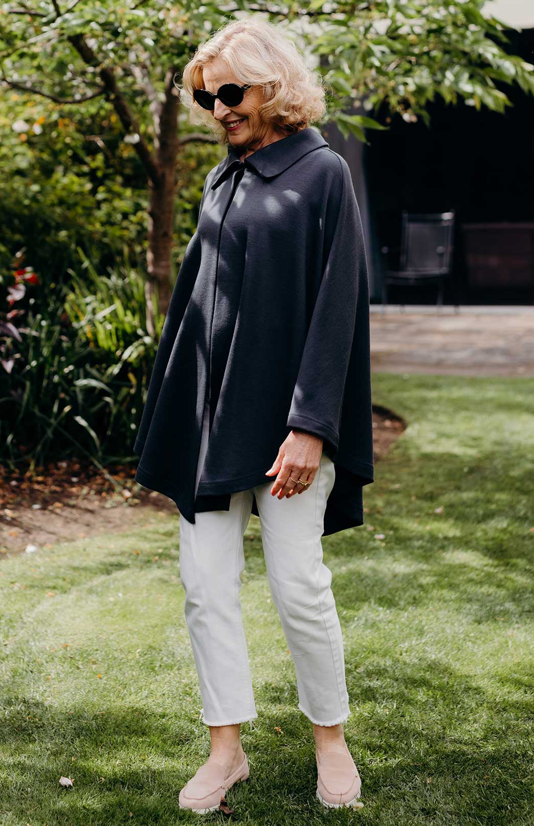 Steel Grey Merino Wool Cape with Magnetic Button Neck Fastening 