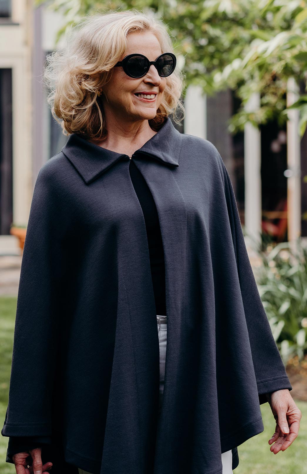 Steel Grey Merino Wool Cape with Magnetic Button Neck Fastening 