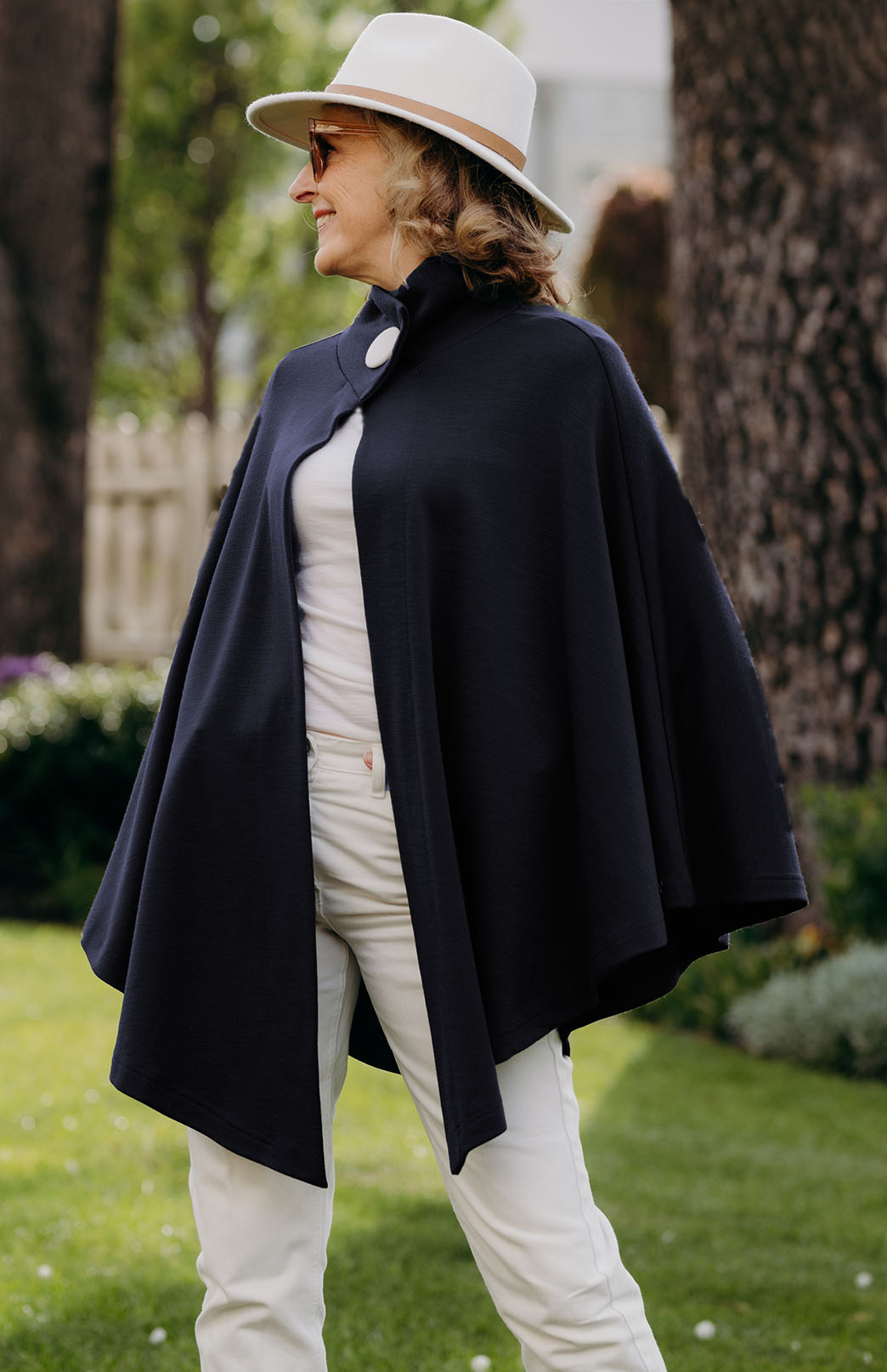 French Navy Blue Merino Wool Cape with Magnetic Button Neck Fastening 