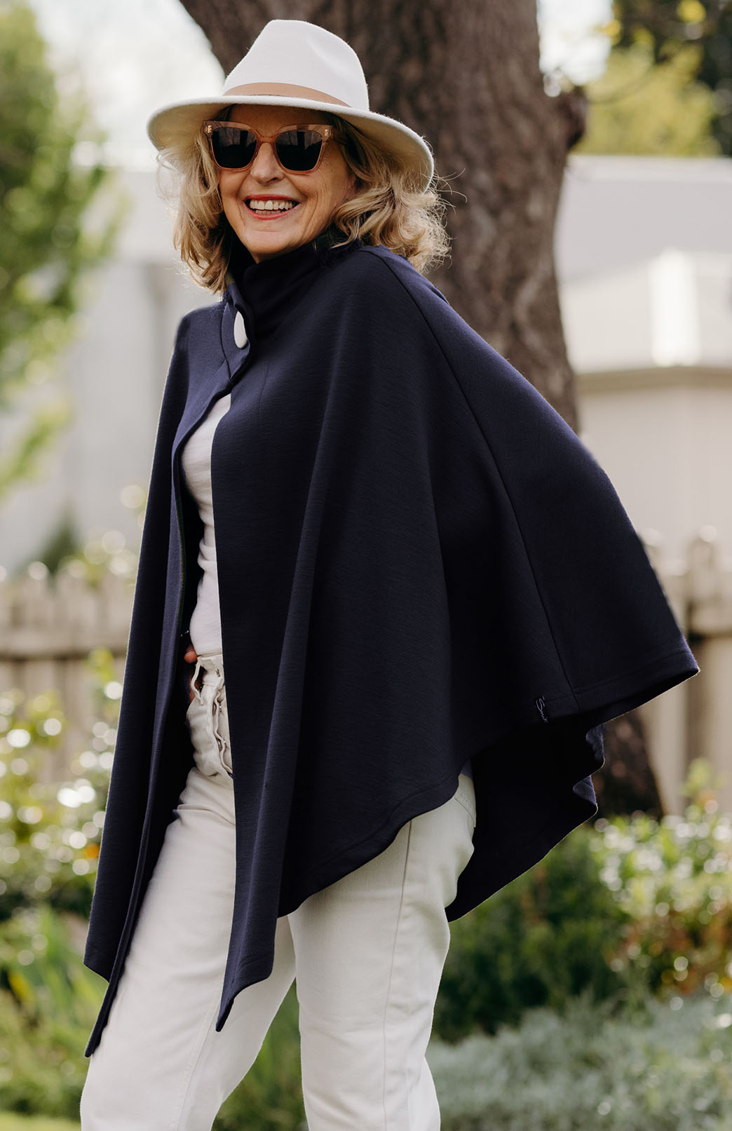 French Navy Blue Merino Wool Cape with Magnetic Button Neck Fastening 