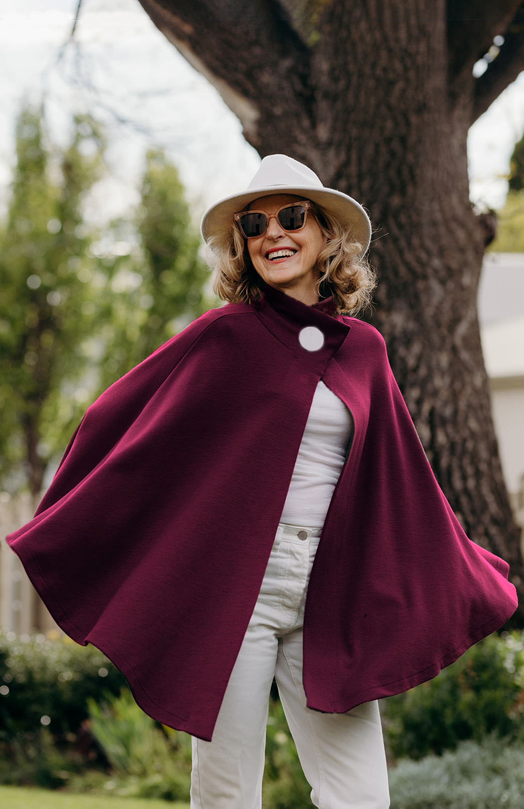 Magenta Merino Wool Cape with Magnetic Button Neck Fastening 