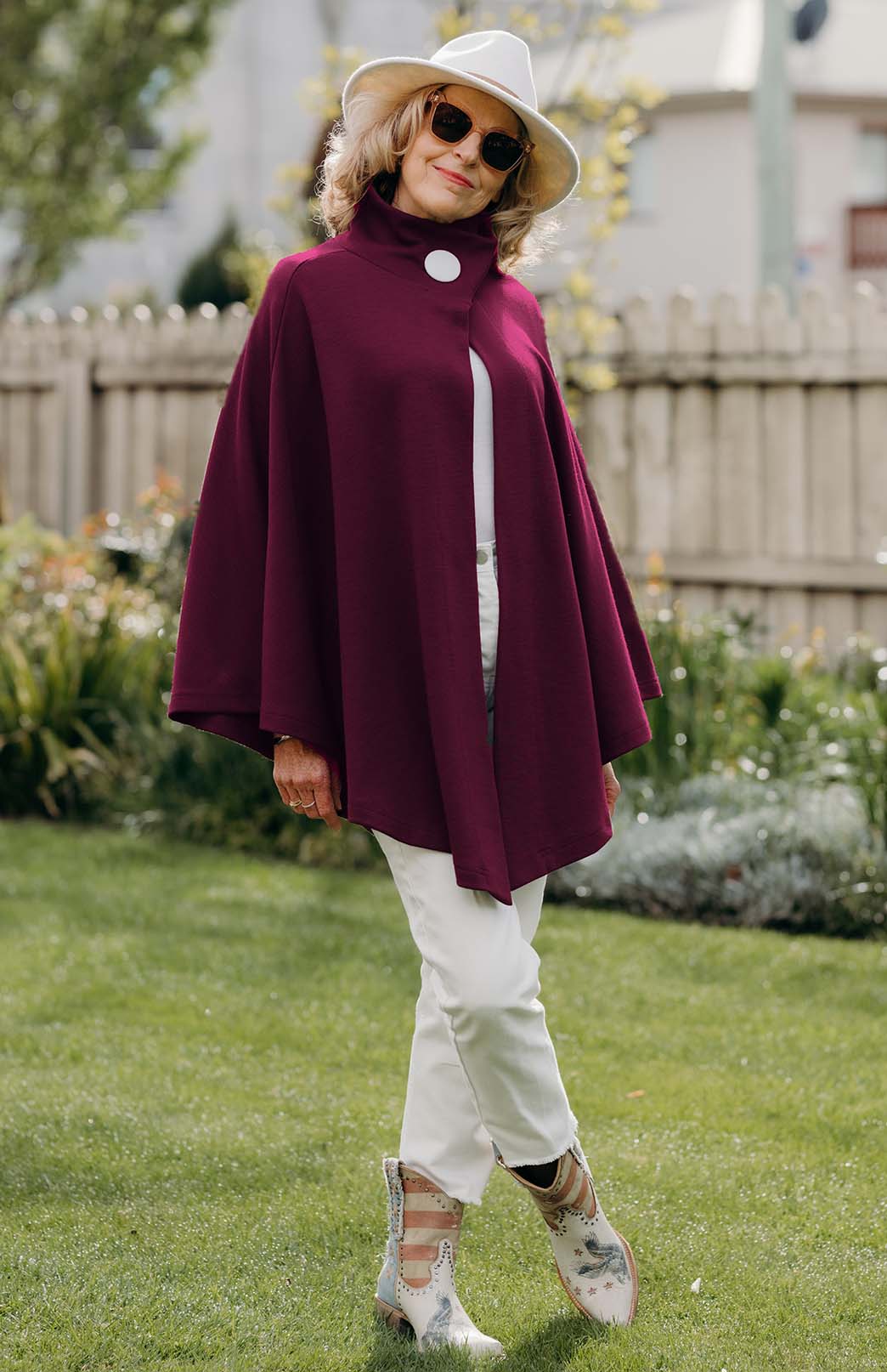 Magenta Merino Wool Cape with Magnetic Button Neck Fastening 