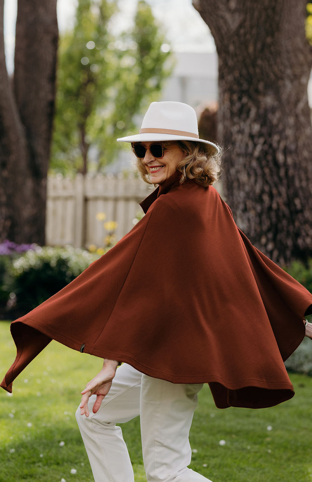 Shiraz Red Merino Wool Cape with Magnetic Button Neck Fastening 
