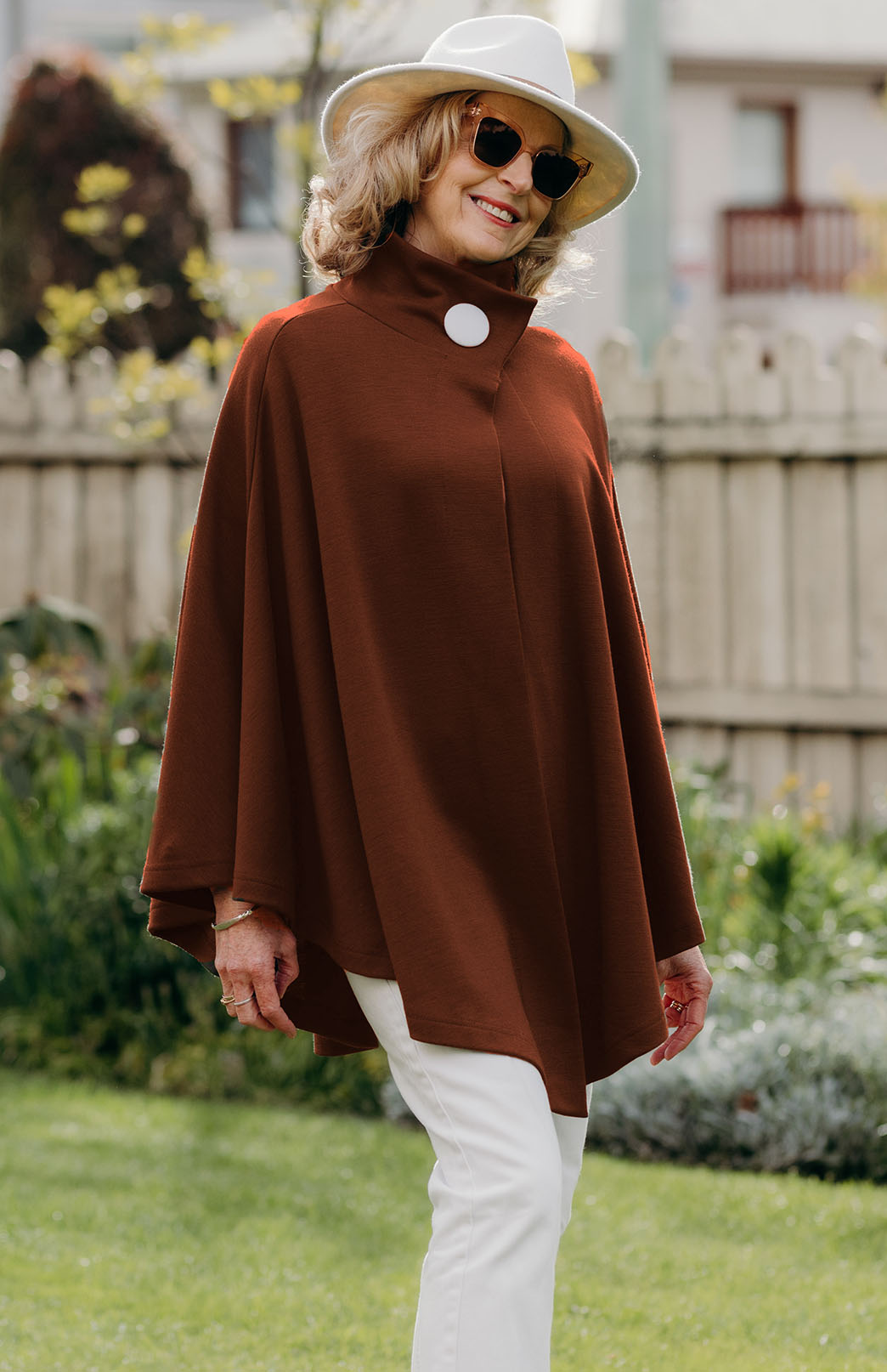 Shiraz Red Merino Wool Cape with Magnetic Button Neck Fastening 

