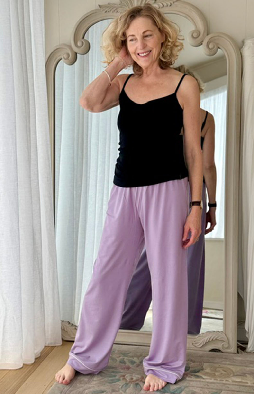 Soft Violet Purple Merino Wool Long Pyjama Pants with Piping