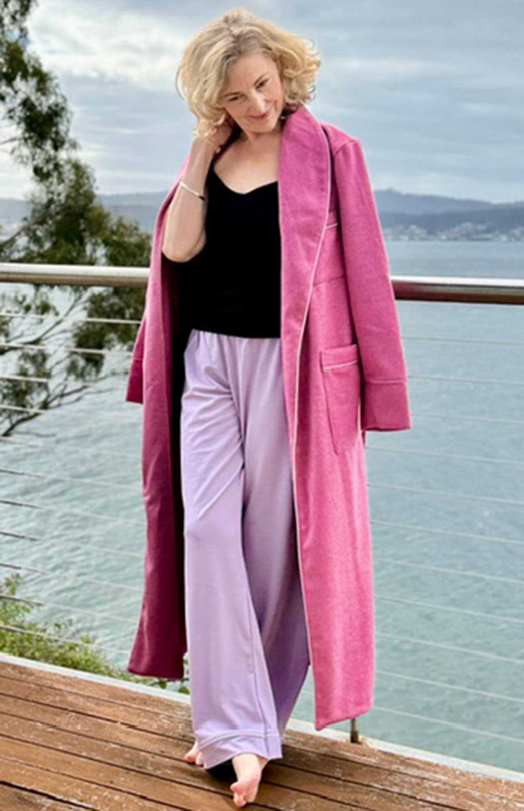 Soft Violet Purple Merino Wool Long Pyjama Pants with Piping
