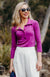 Fuchsia Pink Women&#39;s Merino Wool Collared 7/8 Sleeve Top with Buttons
