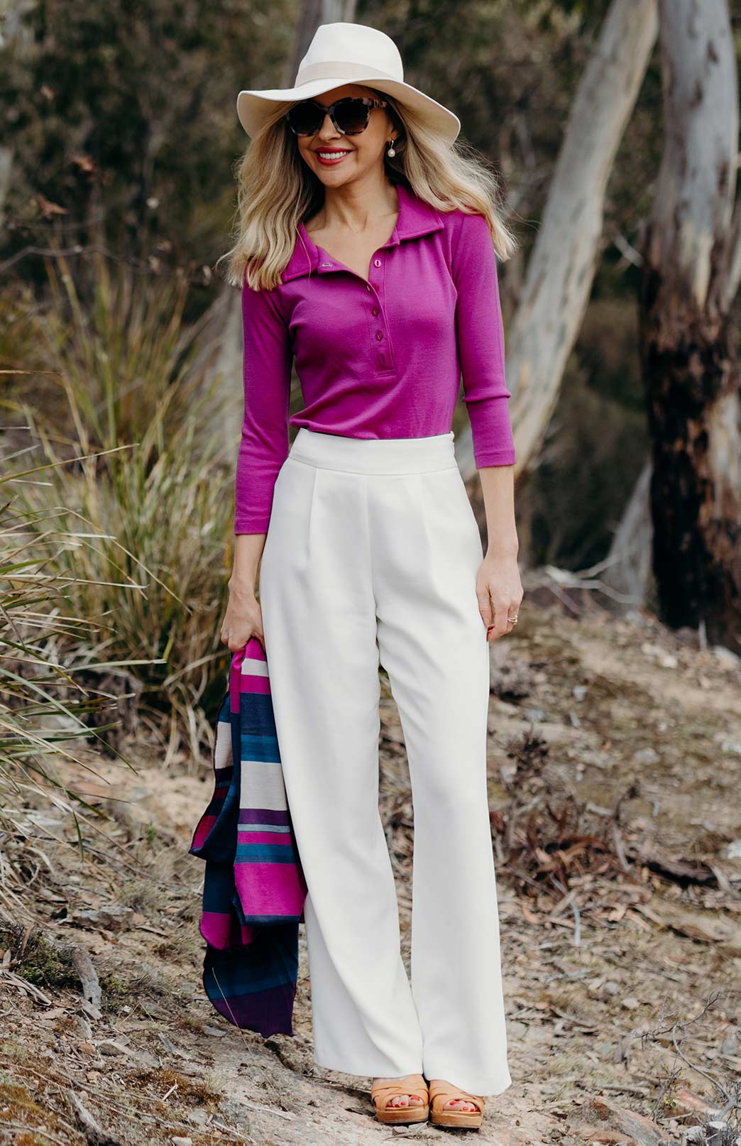 Rada Collared Top - Rib Women's Merino Wool Collared 7/8 Sleeve Top with Buttons