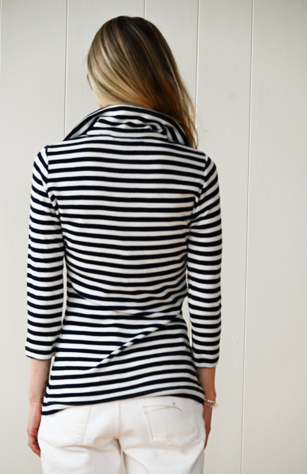 Navy Blue and Ivory Stripe Women&#39;s Merino Wool Collared 7/8 Sleeve Top with Buttons
