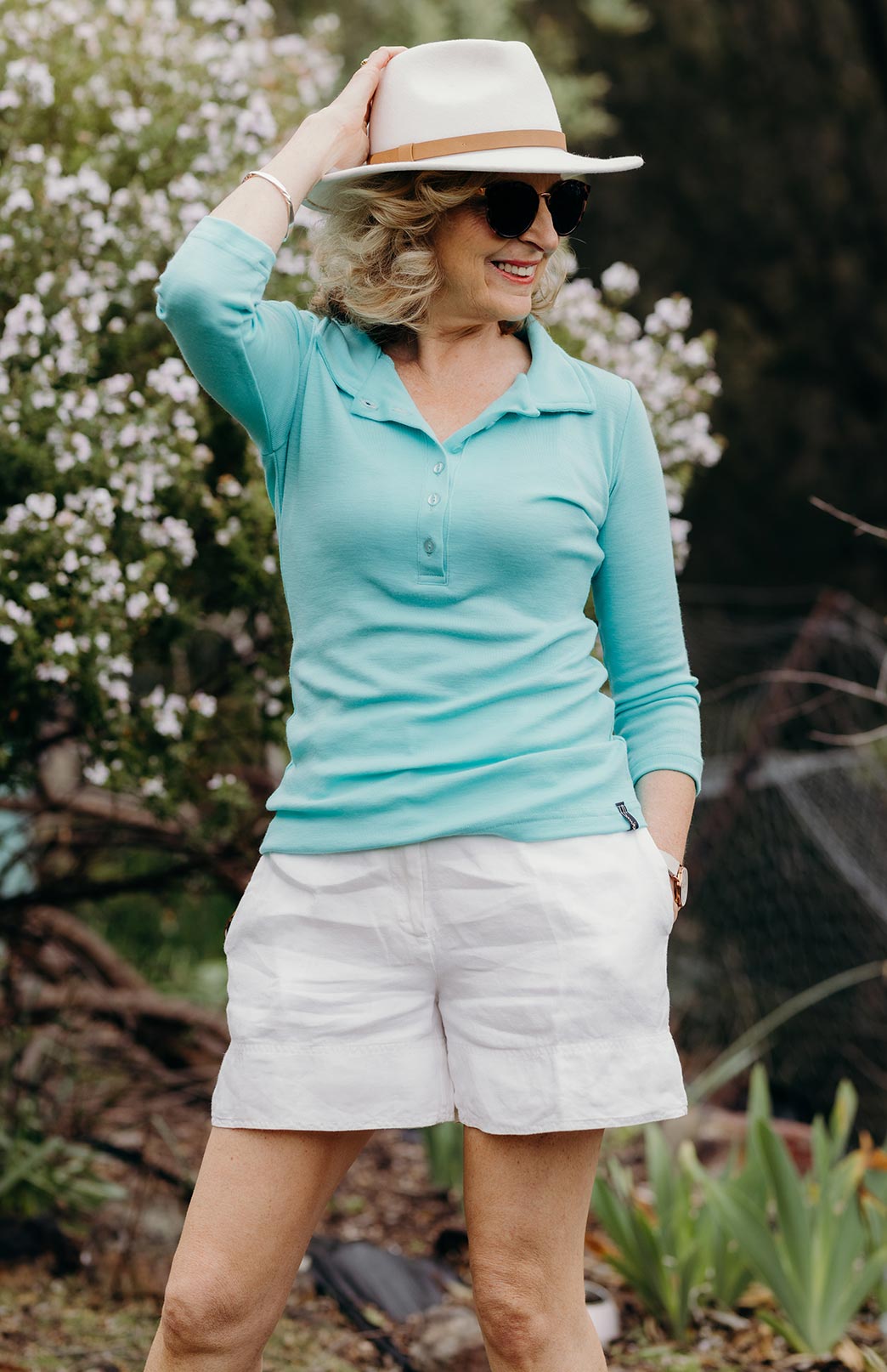 Turquoise Women&#39;s Merino Wool Collared 7/8 Sleeve Top with Buttons
