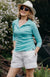 Summer Turquoise Women&#39;s Merino Wool Collared 7/8 Sleeve Top with Buttons
