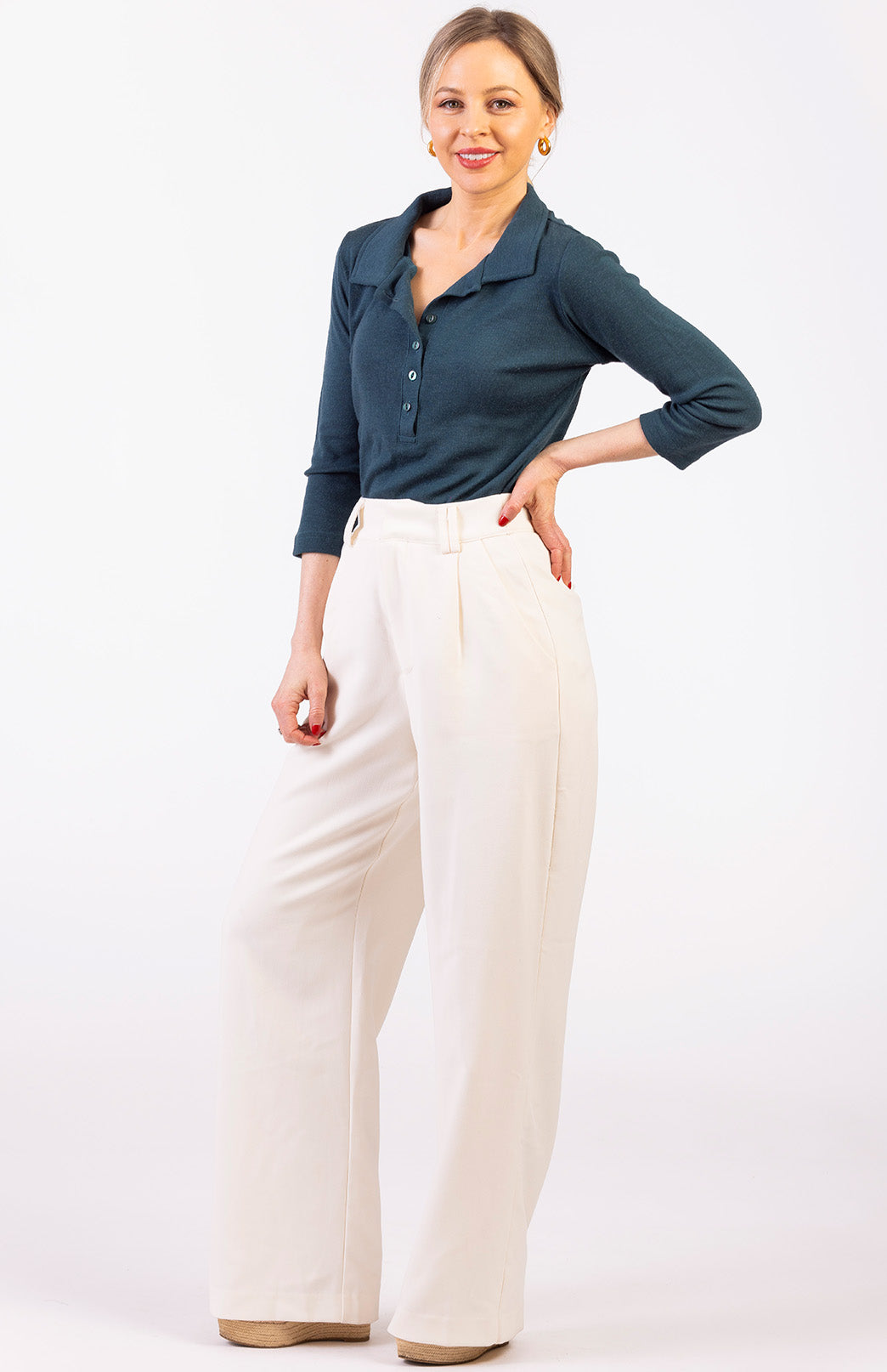 Deep Sea Green Women's Merino Wool Collared 7/8 Sleeve Top with Buttons