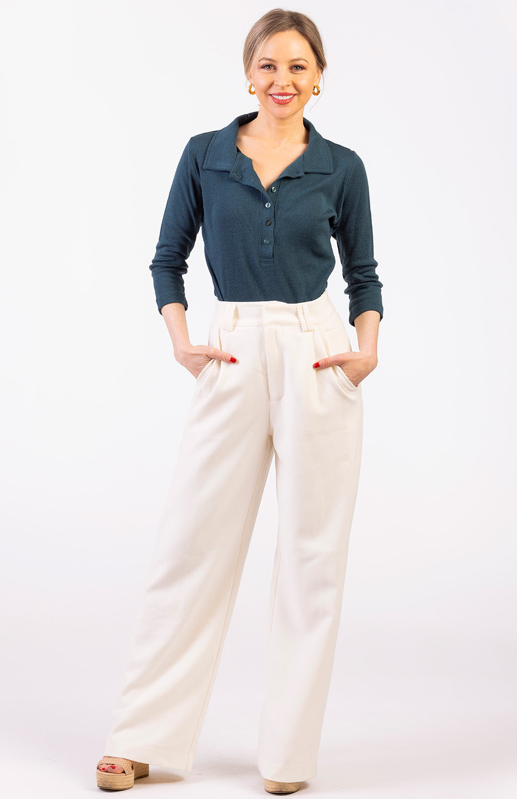 Deep Sea Green Women's Merino Wool Collared 7/8 Sleeve Top with Buttons