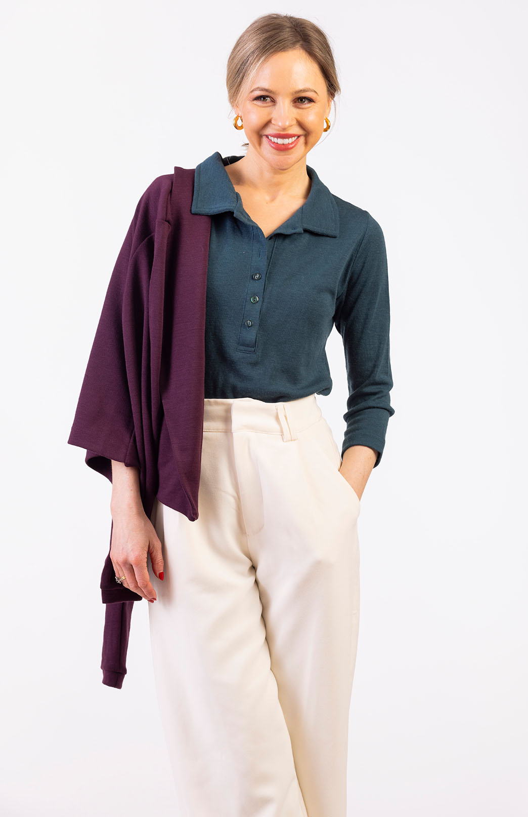 Deep Sea Green Women's Merino Wool Collared 7/8 Sleeve Top with Buttons