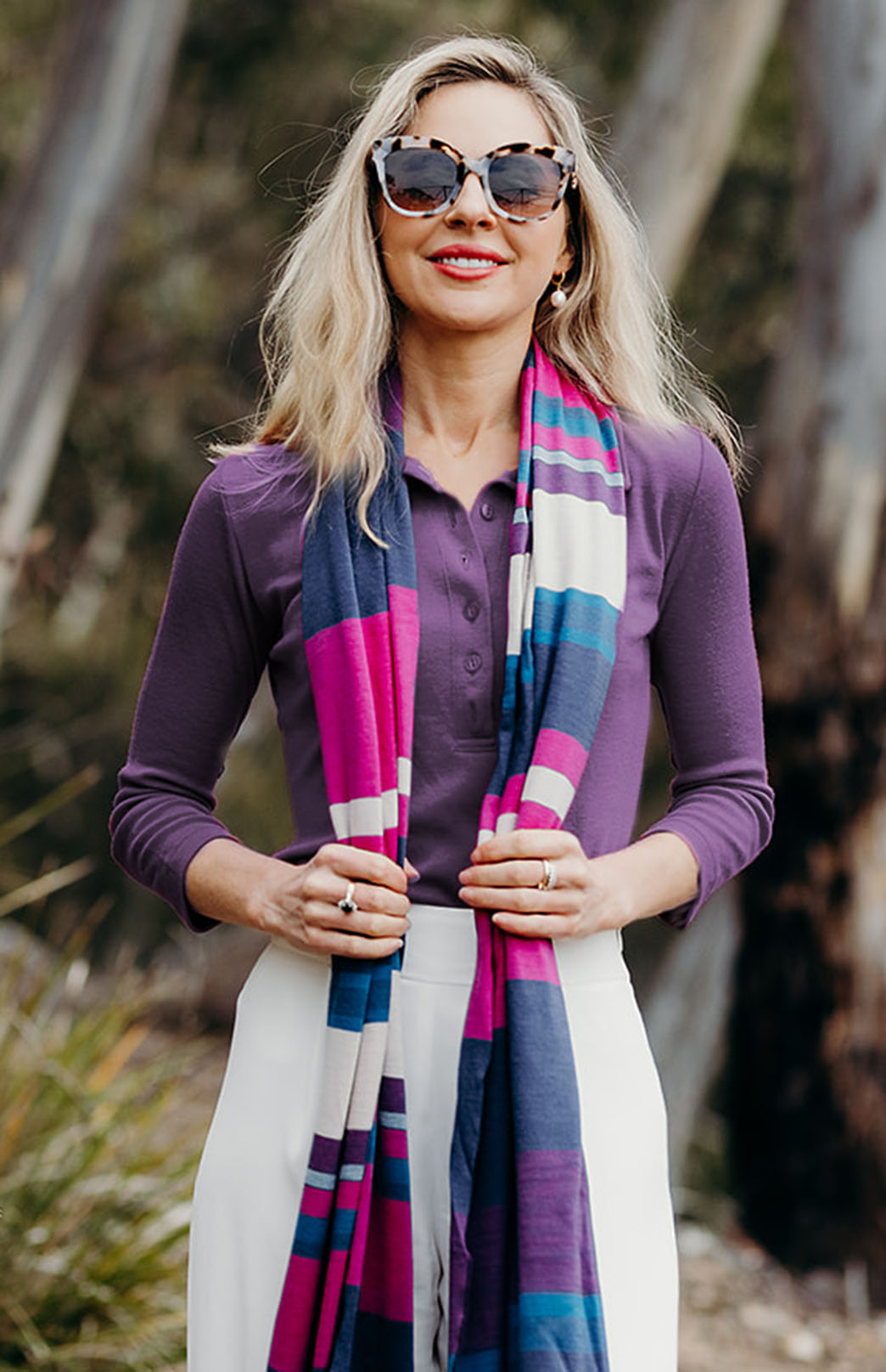 Grape Purple Women's Merino Wool Collared 7/8 Sleeve Top with Buttons