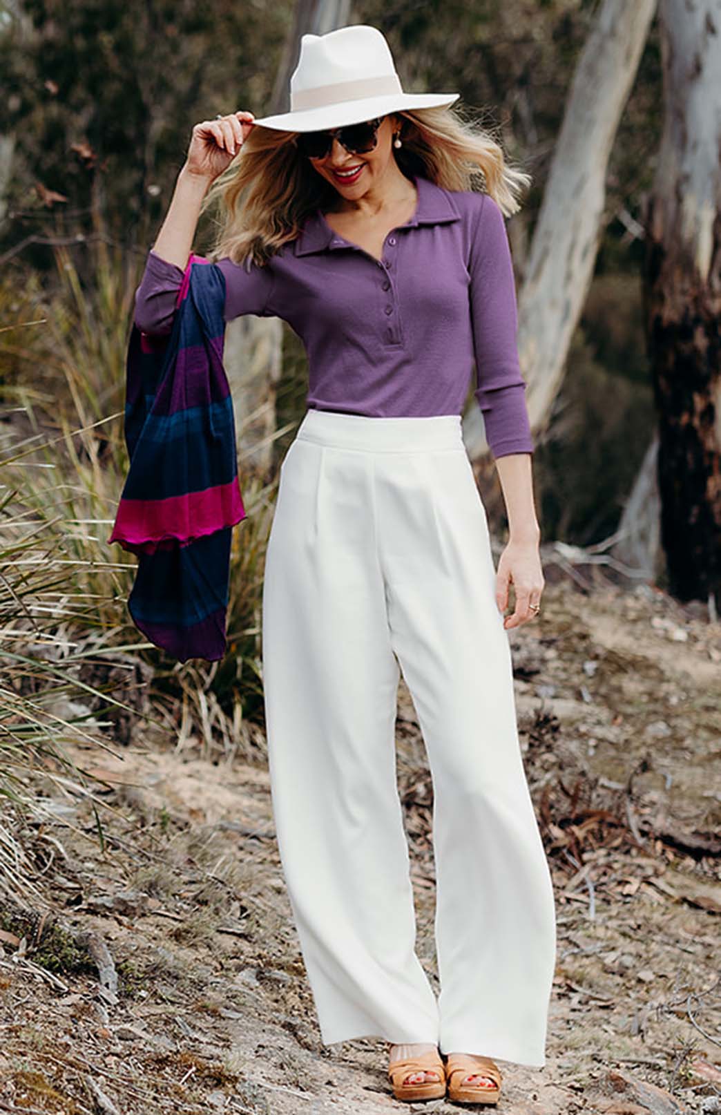 Grape Purple Women's Merino Wool Collared 7/8 Sleeve Top with Buttons