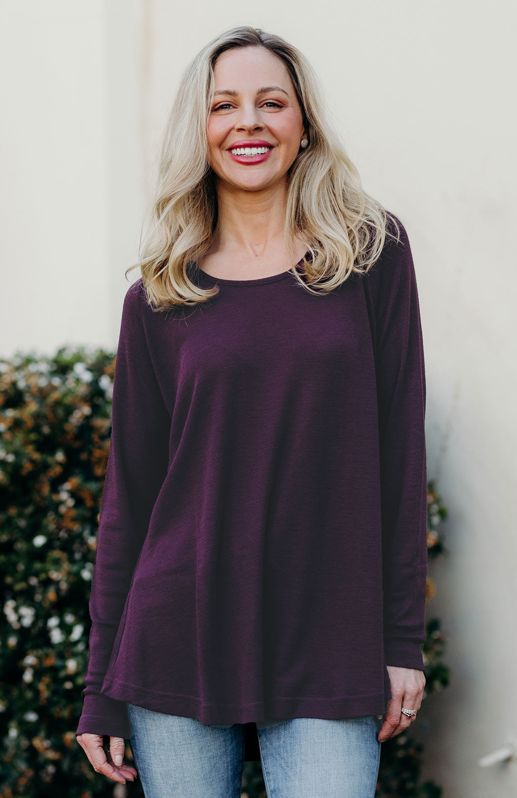 Aubergine Purple Women's Merino Wool Long Sleeve Top with Raglan Sleeves