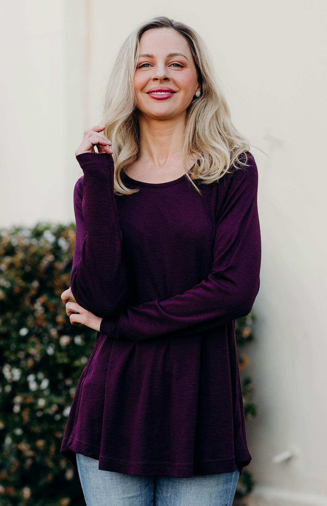 Aubergine Purple Women's Merino Wool Long Sleeve Top with Raglan Sleeves