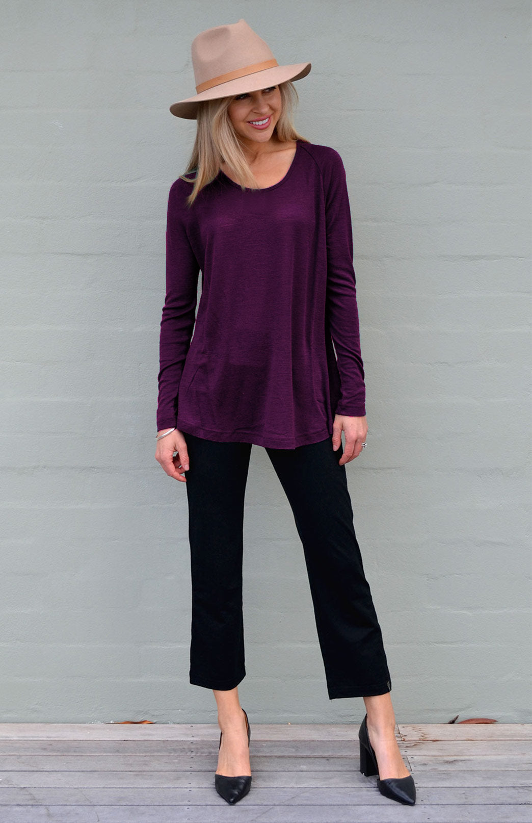 Aubergine Purple Women's Merino Wool Long Sleeve Top with Raglan Sleeves