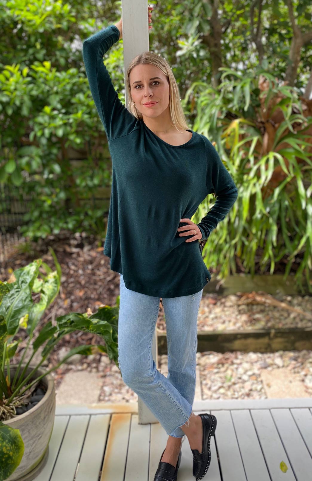 Deep Sea Green Women's Merino Wool Long Sleeve Top with Raglan Sleeves