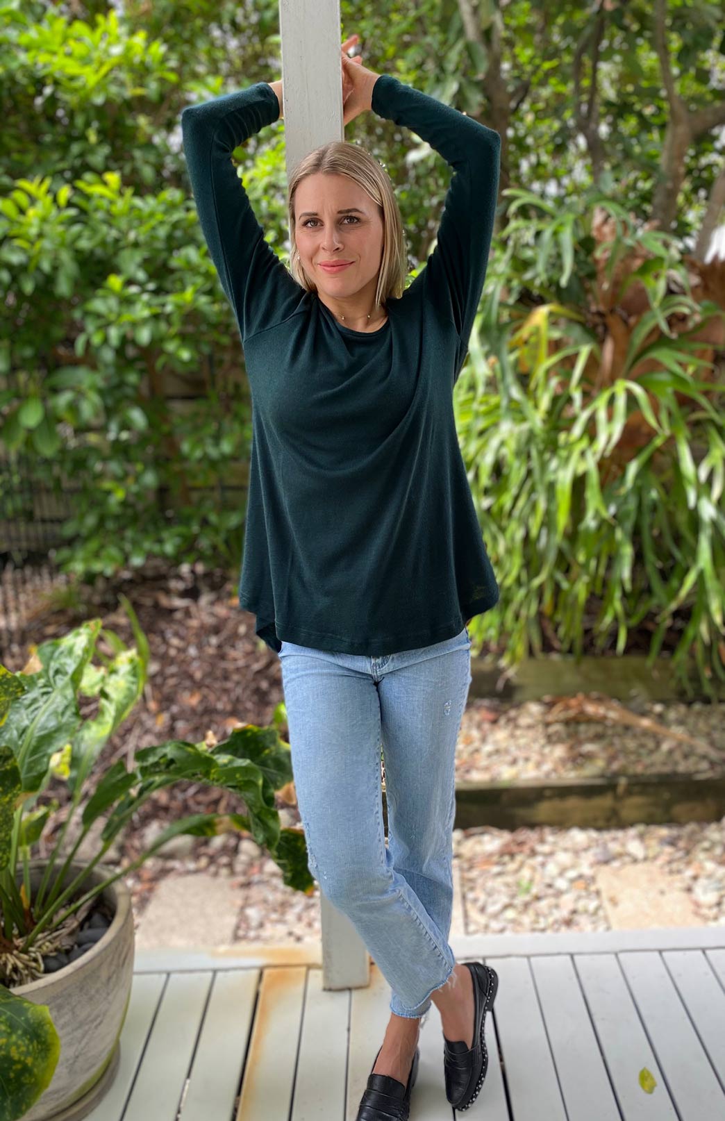 Deep Sea Green Women's Merino Wool Long Sleeve Top with Raglan Sleeves