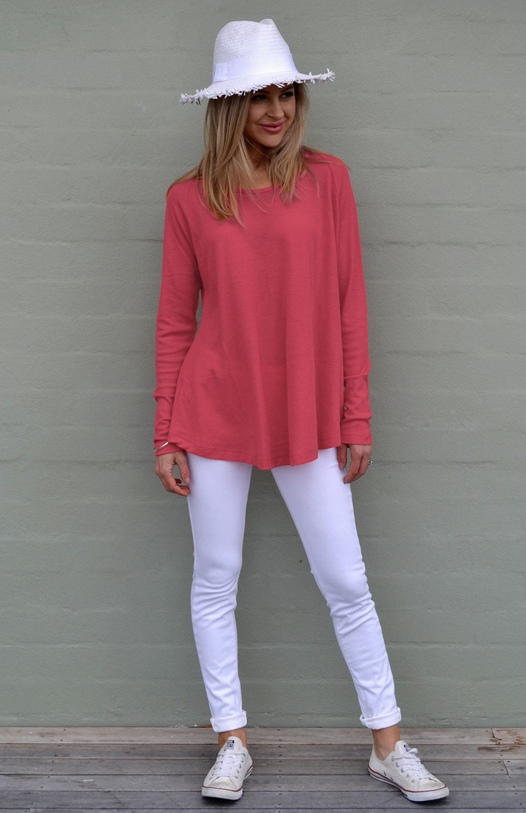 Raspberry Pink Women's Merino Wool Long Sleeve Top with Raglan Sleeves