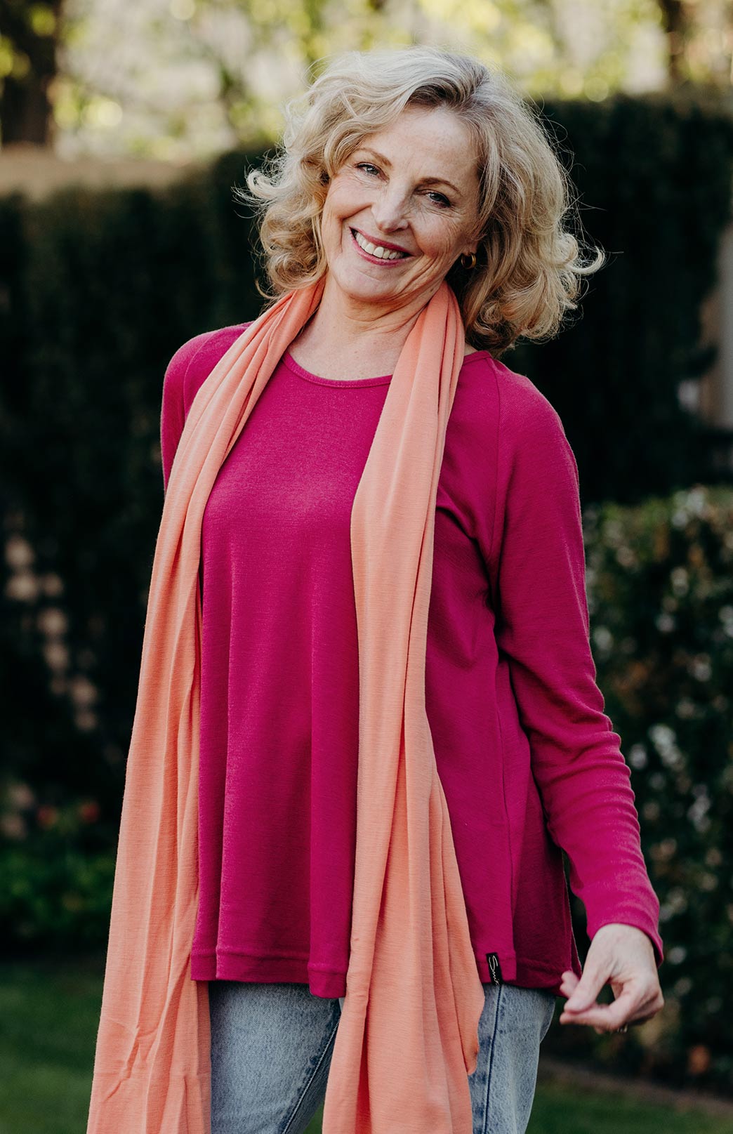 Raspberry Pink Women's Merino Wool Long Sleeve Top with Raglan Sleeves