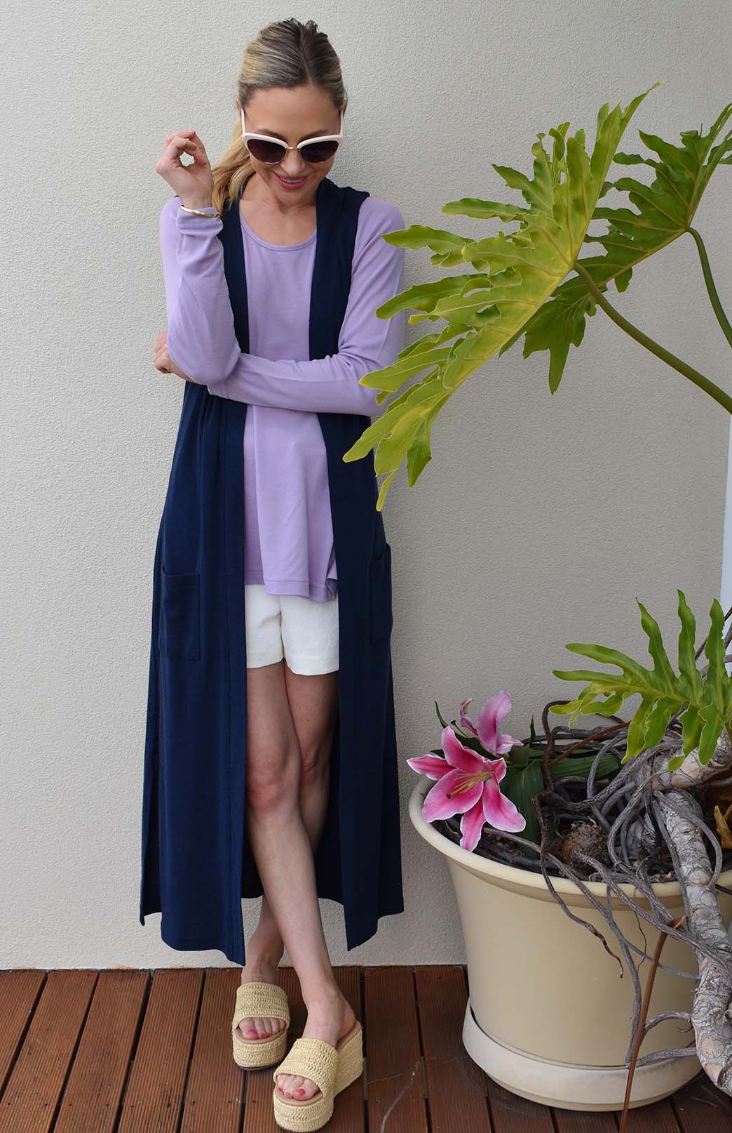French Navy Blue Women's Slimline Long Cardigan with side pockets