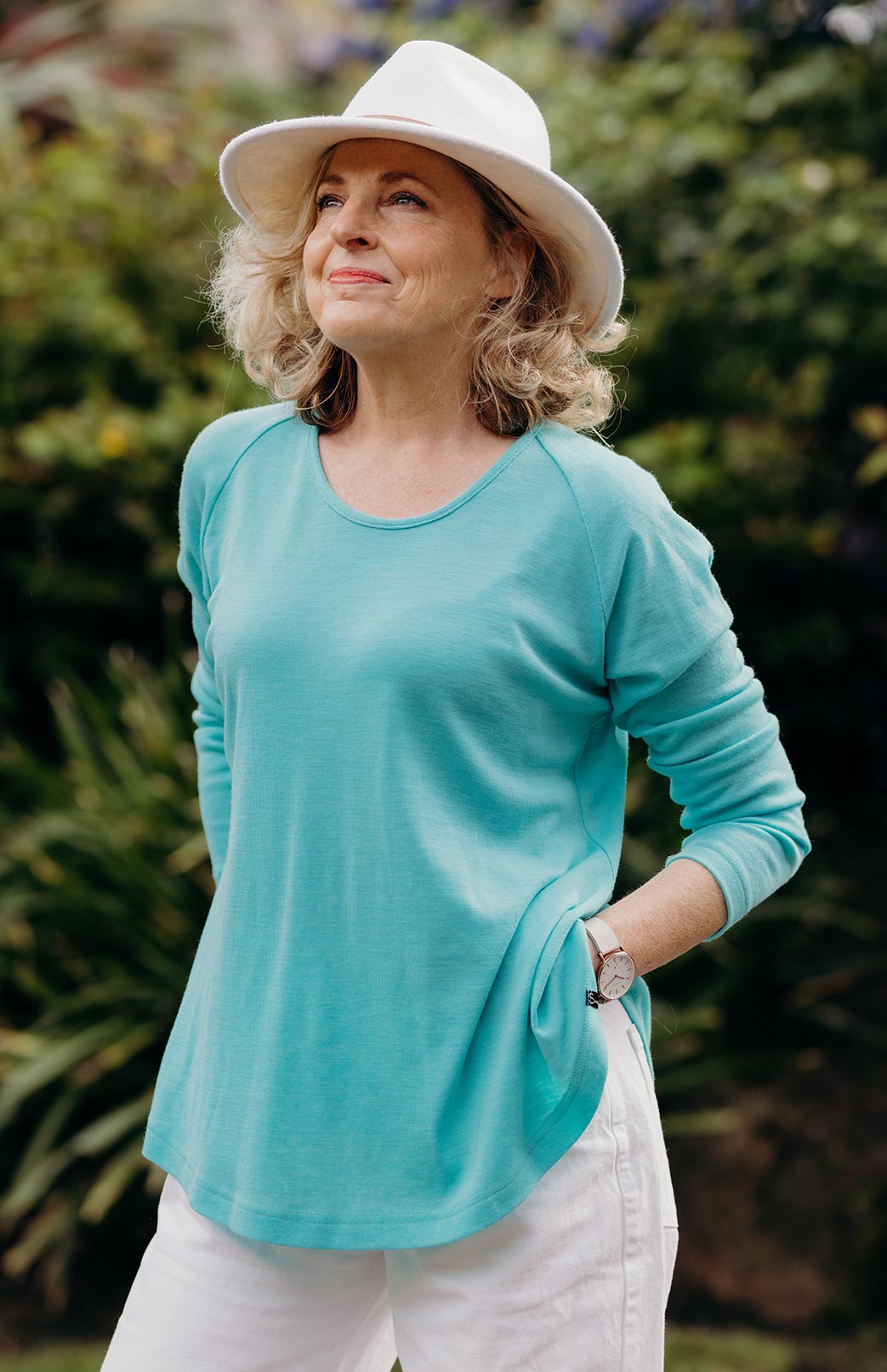 Turquoise Women's Merino Wool Long Sleeve Top with Raglan Sleeves